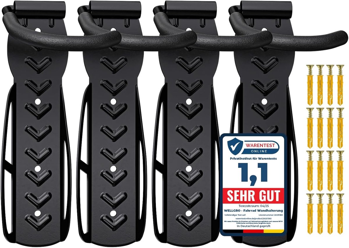SnelShoppen - Wandbeugel Fietshouder 4 Stuks - Stalen Fietsenstandaard - Ruimtebesparende Fietsensteun - Kleur: Zwart - Geschikt voor Alle Fietstypes