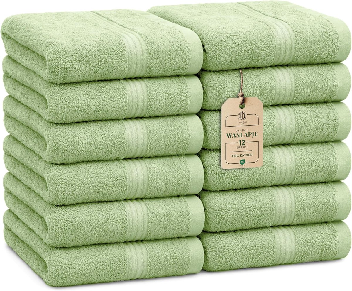 SnelShoppen - Luxe Set van 12 Washandjes - 100% Katoen, Zacht & Absorberend, Makkelijk Onderhoud, Premium Gezichtsdoekjes, 30x30 cm, Saliegroen - Voor