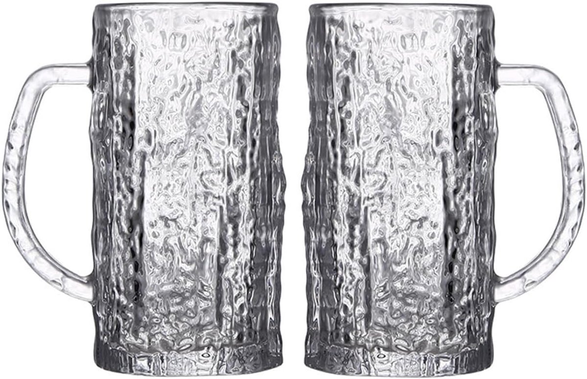 SnelShoppen - Pub Beer Glass - 485ML Set van 2, Grote Bierglazen, Premium Glazen Mokken met Glacier Patroon, Perfect voor Feest, Tuin en Keuken