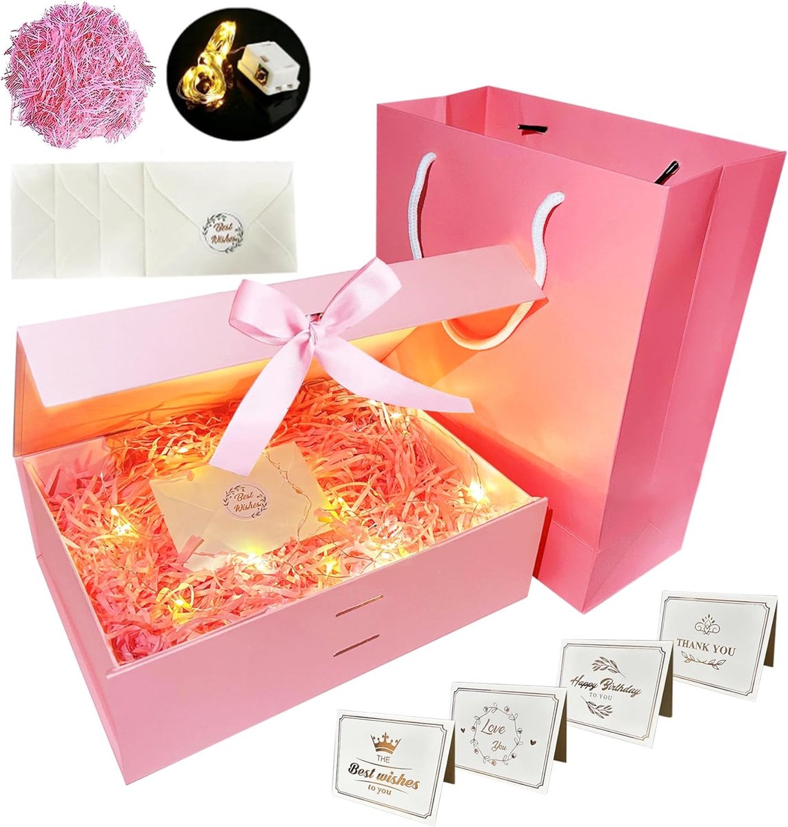 SnelShoppen - Luxe Cadeaubox met Strik, Magnetische Geschenkdoos met Deksel, LED Licht, 4 Wenskaarten en Enveloppen - Perfect voor Valentijnsdag, Verj