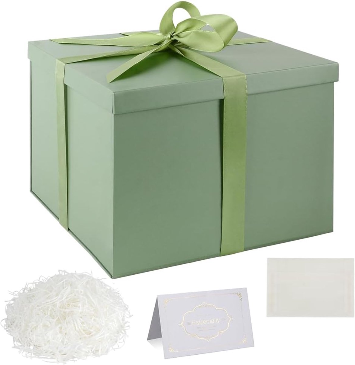 SnelShoppen - Geschenkdozenset Groene Geschenkdozen met Deksels 24x24x18cm - Diepe Geschenkdoos met Lint, Wenskaarten, Versnipperd Zijdepapier - Perfe