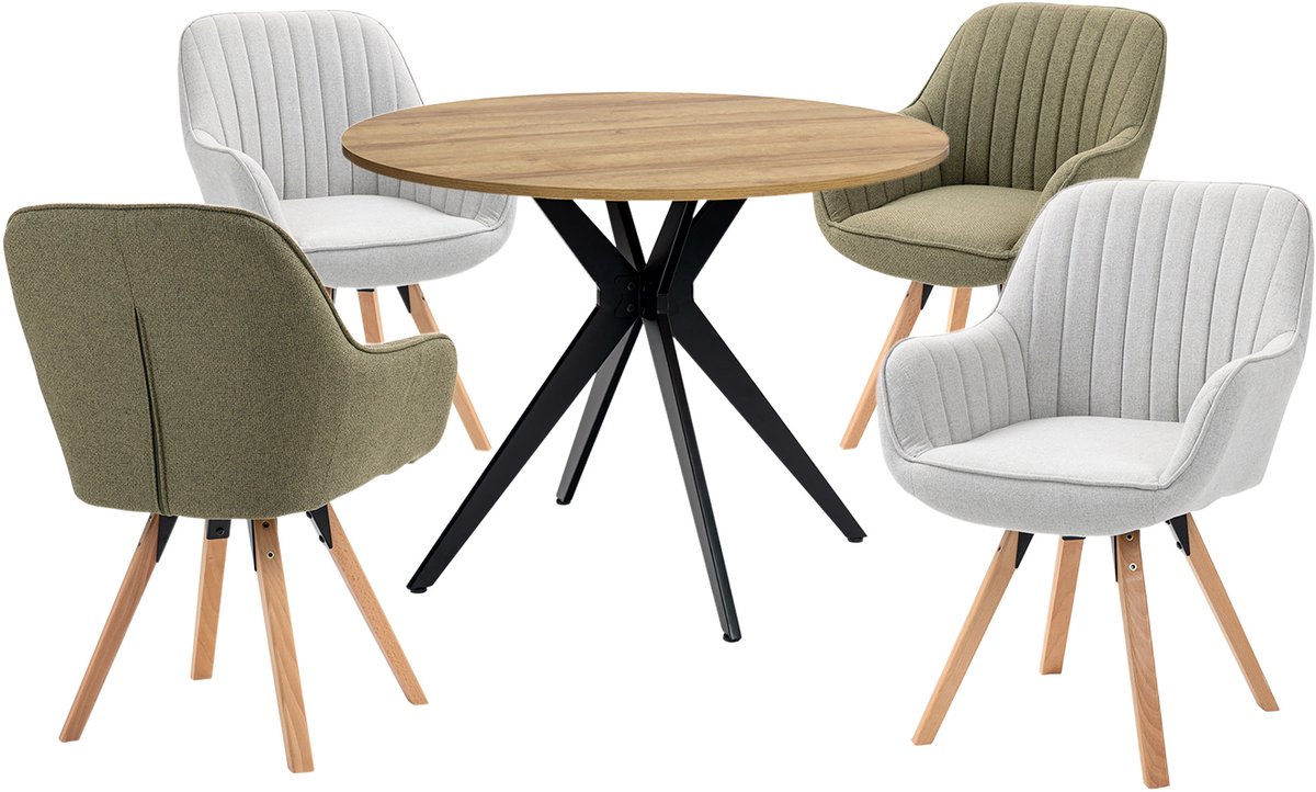 Eethoek - Ronde Eikenlook Tafel En 4 Houten Draaistoelen - Beige/Groen