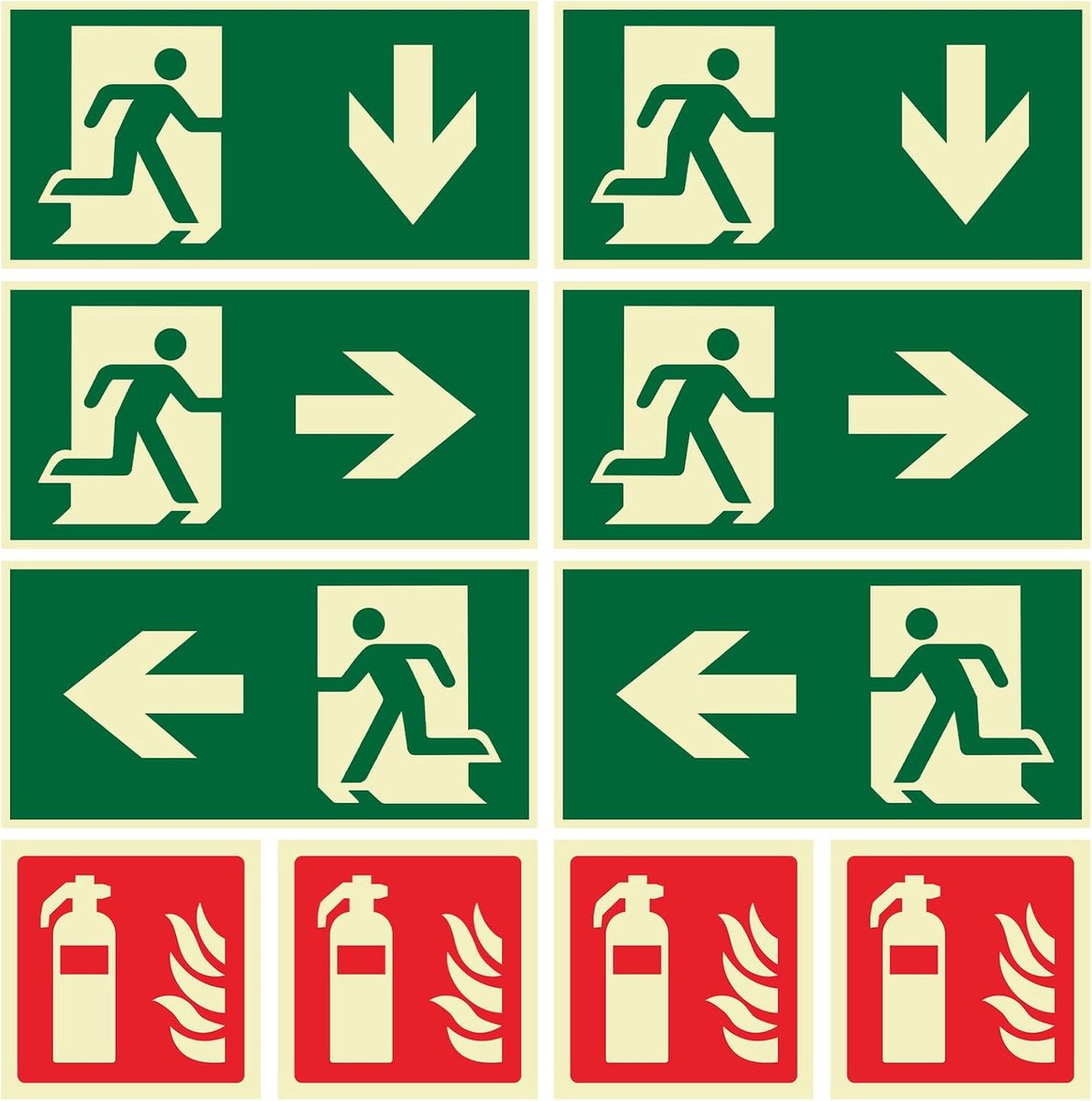 SnelShoppen - Set van 10 Fluorescerende Nooduitgangs- en Brandblusserborden, Zelfklevend PVC, 4 Brandblusserborden (10x10 cm) + 6 Nooduitgangskaarten