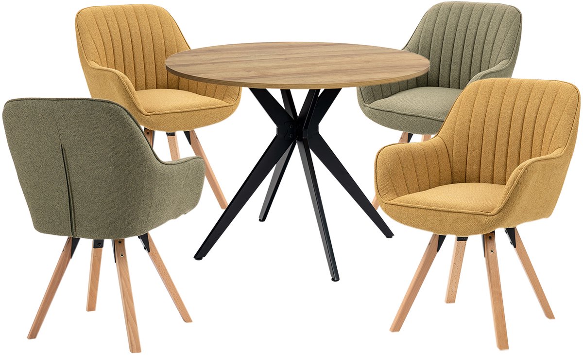 Eethoek - Ronde Eikenlook Tafel En 4 Houten Draaistoelen - Groen/Geel