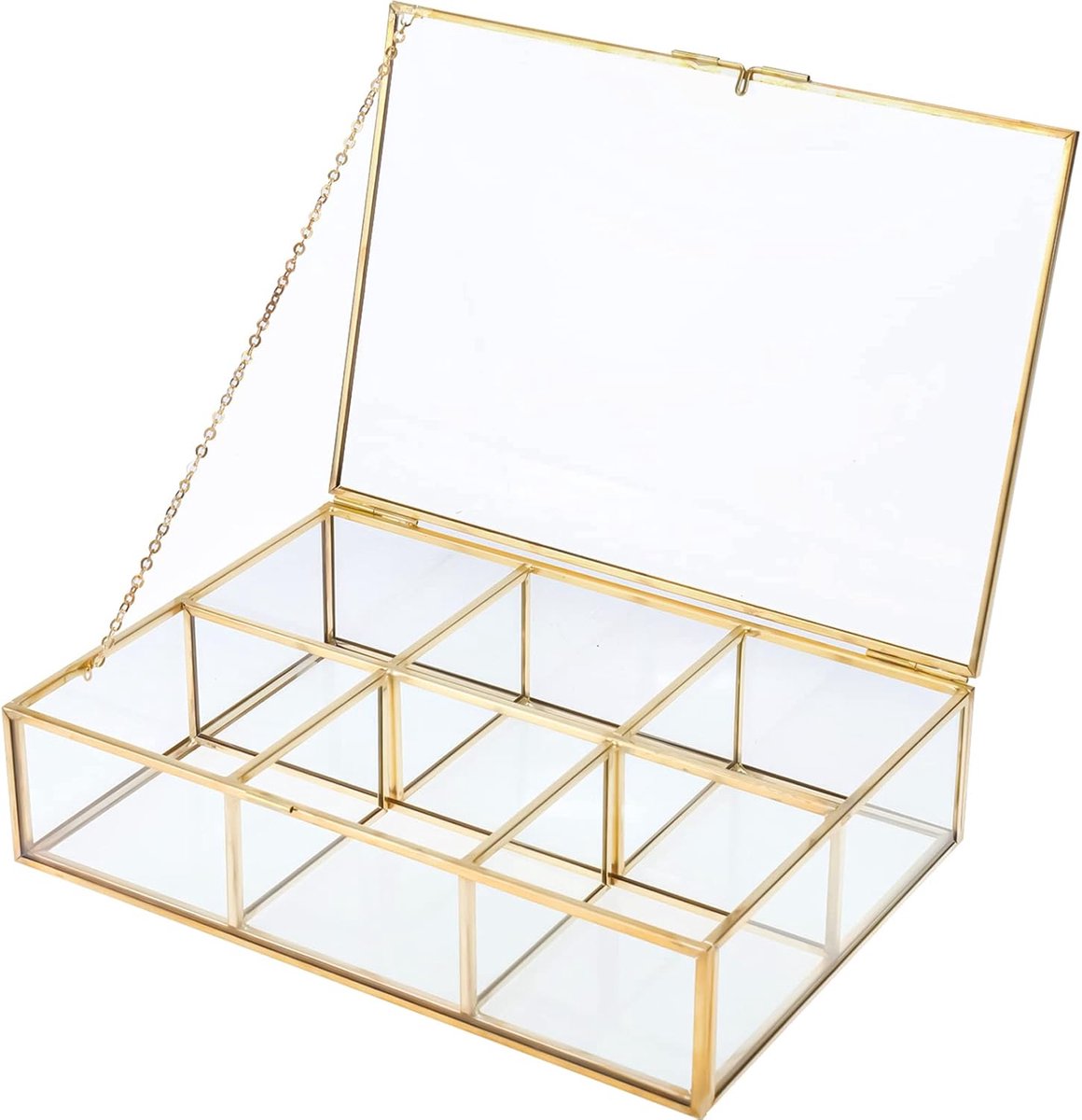SnelShoppen - Vintage Glas Sieradenbox met 6 Compartimenten en Gouden Rand, Decoratieve Bewaarbox voor Juwelen, Kunst en Accessoires, Transparant, Per