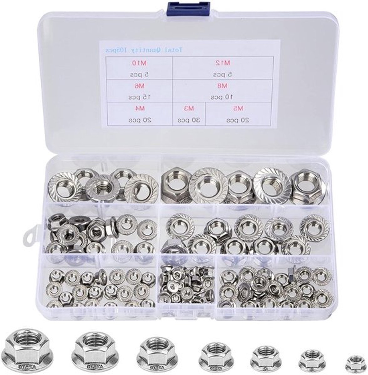 Roestvrij staal zelfborgende flensmoeren assortiment kit 105 stuks DIN 6923 M3 M4 M5 M6 M8 M10 M12 zeskantmoeren met vergrendelvertanding