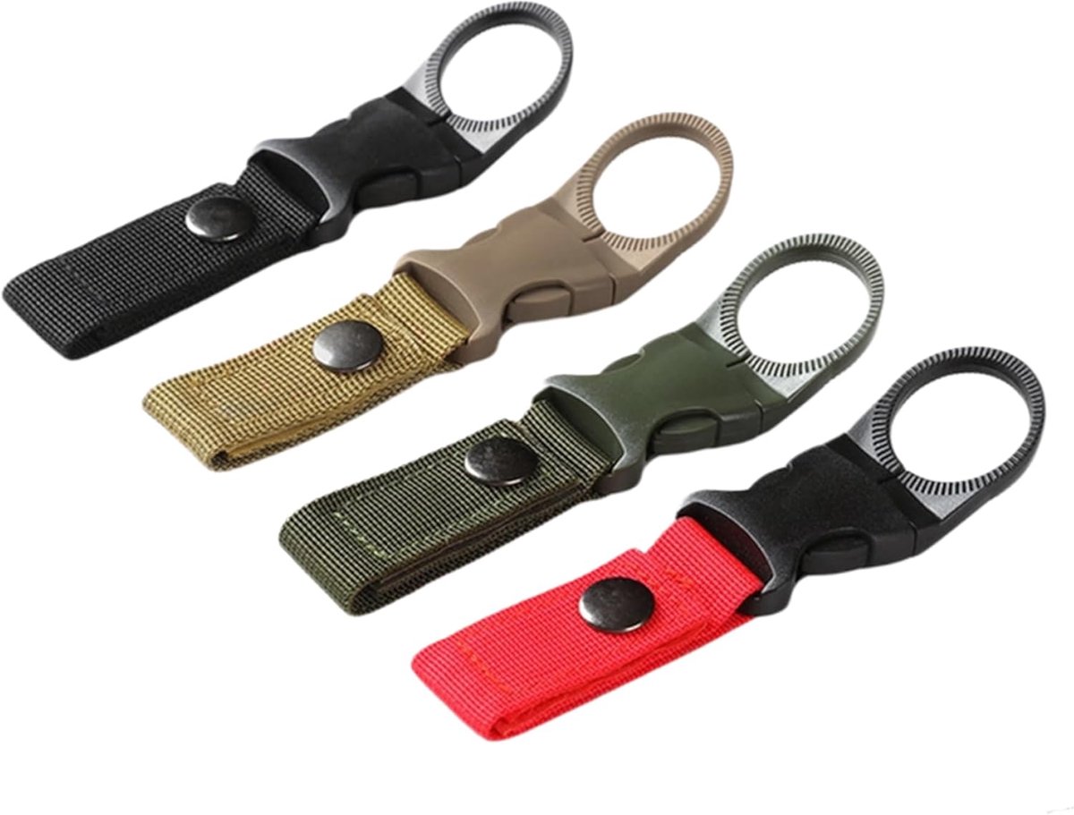 SnelShoppen - 4 Pcs Waterfles Houder Straps, Nylon Drinkfles Beugel, Carabiner Fleshouder Clips, Fles Clip Strap voor Outdoor Activiteiten, Zwart, Kha