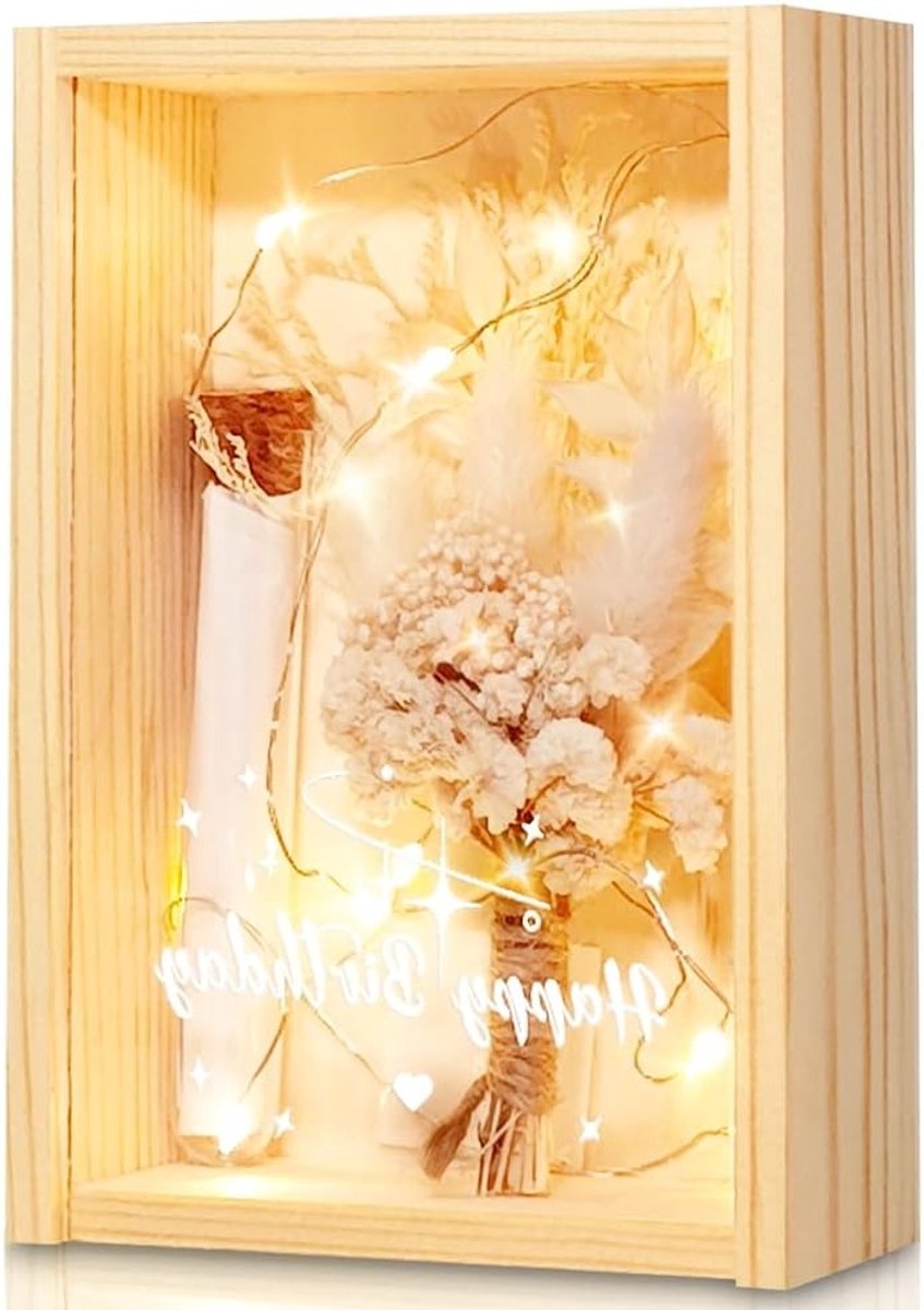 Happy Birthday geschenkdoos met gedroogde bloemen, geldcadeau en lichtketting voor een onvergetelijke verjaardag