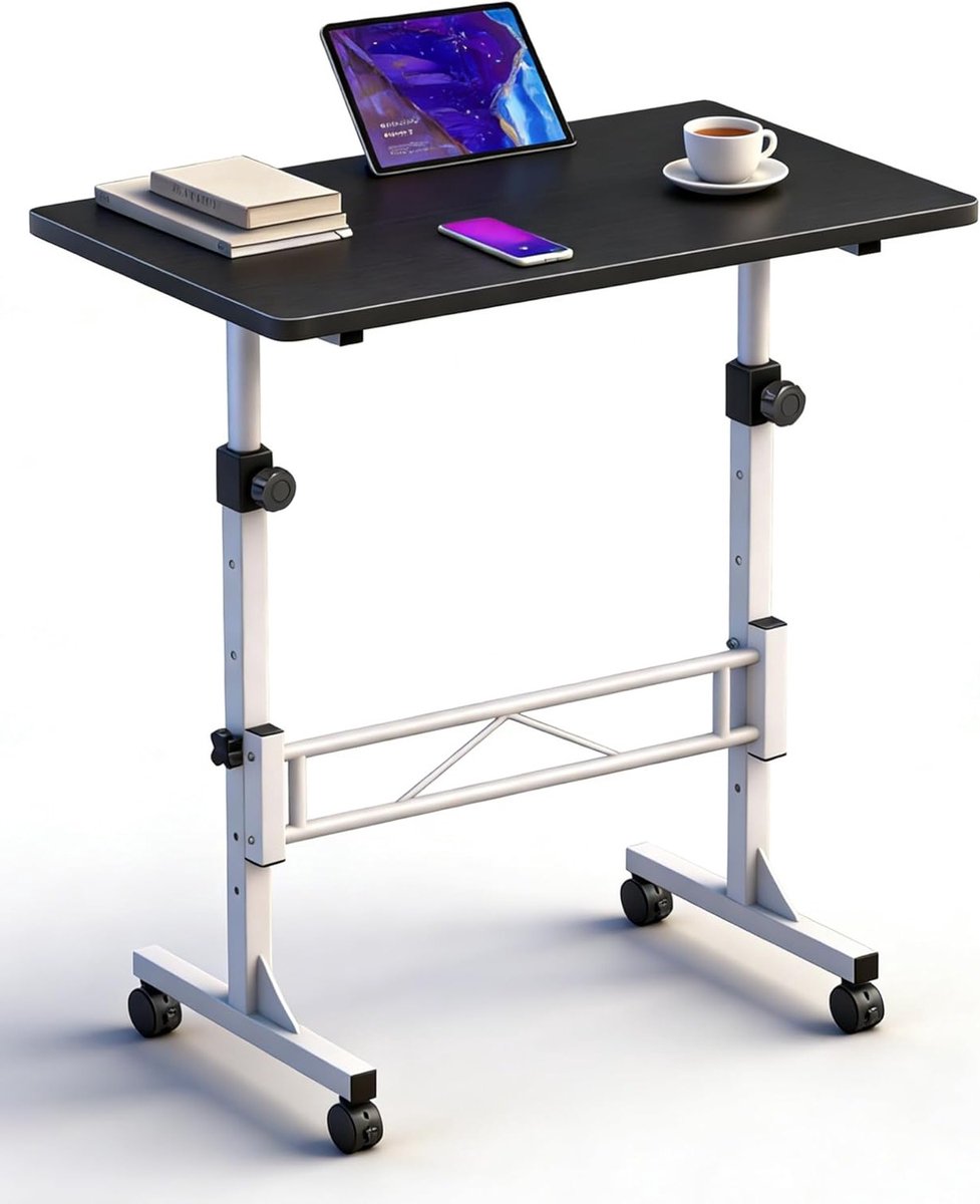 Verstelbaar Bureau met Wielen, Mobiel Computer Bureau met 4 Vergrendelbare Zwenkwielen, Zwart-Wit Staan Bureau Geschikt voor Treadmill en Loopmat, 80cm x 40cm, Hoogte 70-110cm, Ergonomisch en Flexibel Gebruik