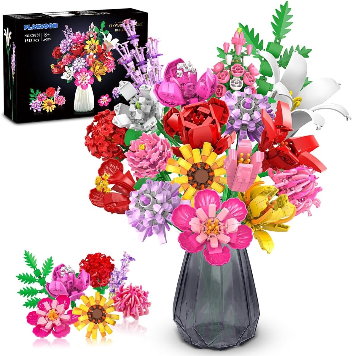 SnelShoppen - Flower Bouquet Bouwset, 1513 Stukken Botanische Collectie, Kleurrijke Bloemen en Planten, Perfect voor Thuisdecoratie en Cadeau voor Kin