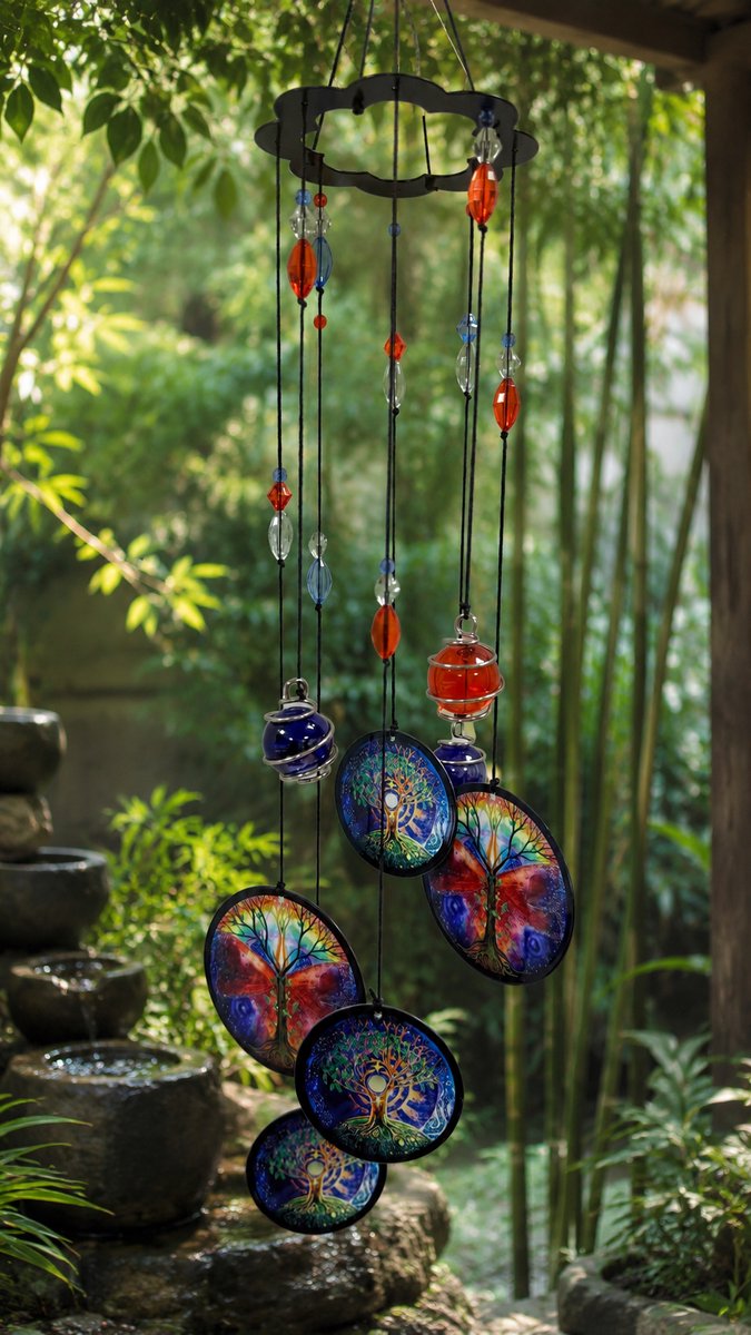 Nature’s Melody Tree of Life Metalen Windgong 17 inch – Decoratieve Wind Chime met Glazen Accenten – Tuin-, Balkon- en Wanddecoratie