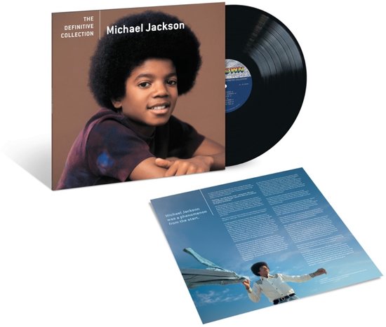 Vinylhoes met kind Michael Jackson, "The Definitive Collection", en een losse hoes met tekst en foto van Michael Jackson.