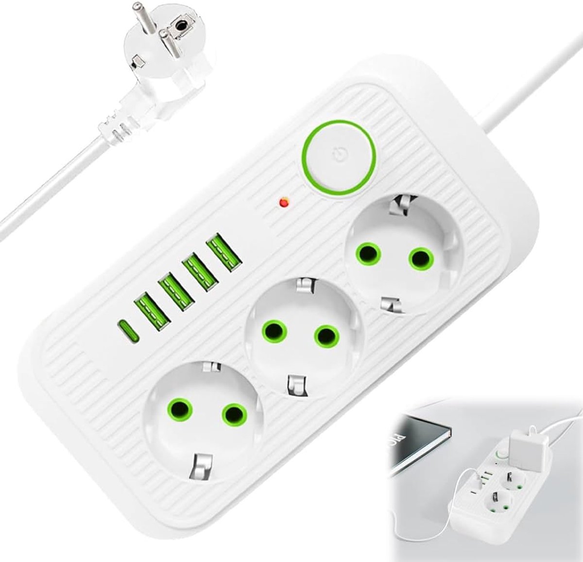 SnelShoppen - Meerdere Stekkerdoos met USB, 3-Weg Stekkerdoos met 4 USB Poorten en 1 USB C, Voor Thuis, Kantoor, Studentenhuis, Hotel, Reizen