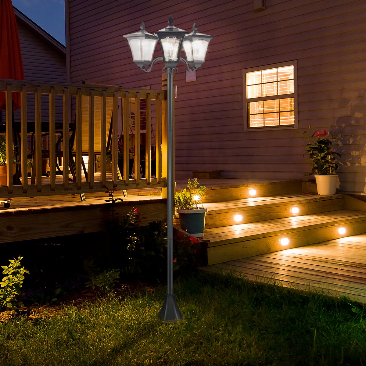 HAUSS SPOLE Padverlichting – 3-Lichts Solarverlichting Met Dag- En Nachtsensor – 51,5 x 47 x 182,5 cm – RVS – Zwart – Voor Tuinpad – IP44