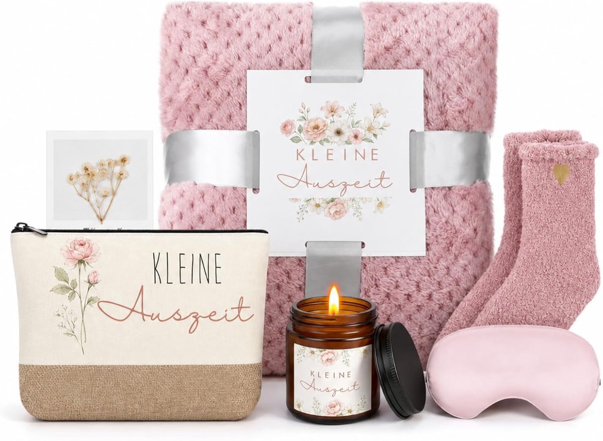 SnelShoppen - Cadeaupakket Kleine Auszeit Ontspanningscadeau Aromatherapie Deken Cosmetische Tas Sokken Oogmasker Wenskaart Wellness voor Vrouwen Verj