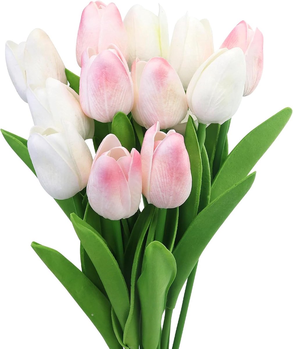 SnelShoppen - Set van 12 Kunsttulpen in Wit en Roze - Natuurlijke Look - Kunstbloemen van PU-Latex - 34 cm - Perfect voor Feest, Bruiloft en DIY Decor