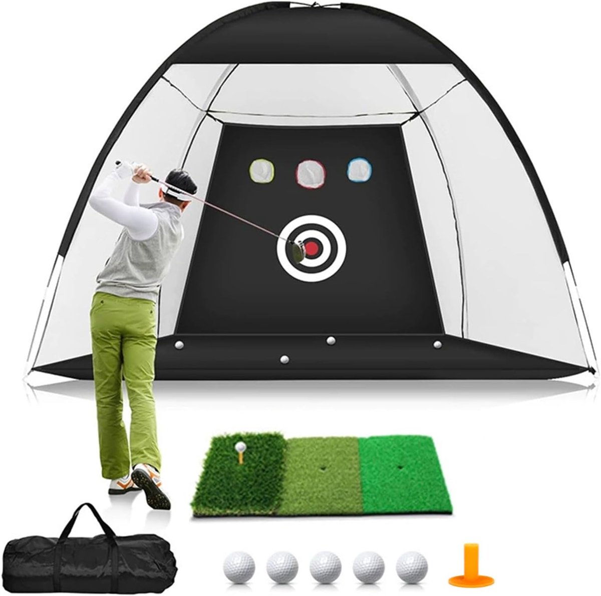 SnelShoppen - Golf Oefennet 300x200cm met Tri-Turf Mat Set - Golf Training Chipping Aid Net met Geluiddempende Nylon Doel - Inclusief 5 Golfballen en