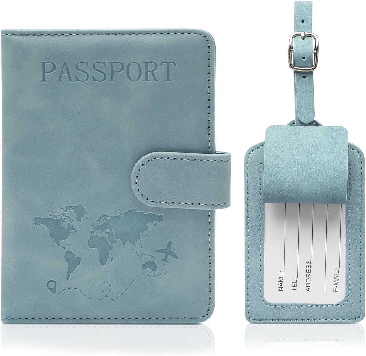 Reisdocumenten Set met Paspoorthoes en Kofferlabel van Faux Leer, Ideaal voor Luchtvaart, Inclusief Ruimte voor Paspoort, Instapkaarten en Creditcards (Roze en Blauw, 11cm×15cm)