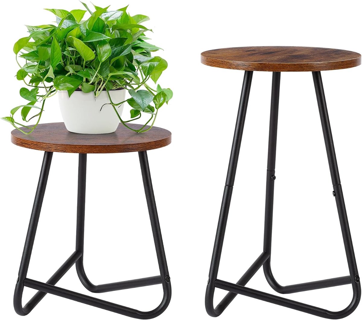 SnelShoppen - Ronde Plantenstandaard van Metaal en Hout - Set van 2 - Plantenrek voor Binnen - Moderne Bloemenstandaard in Rustiek Bruin en Zwart - Ho