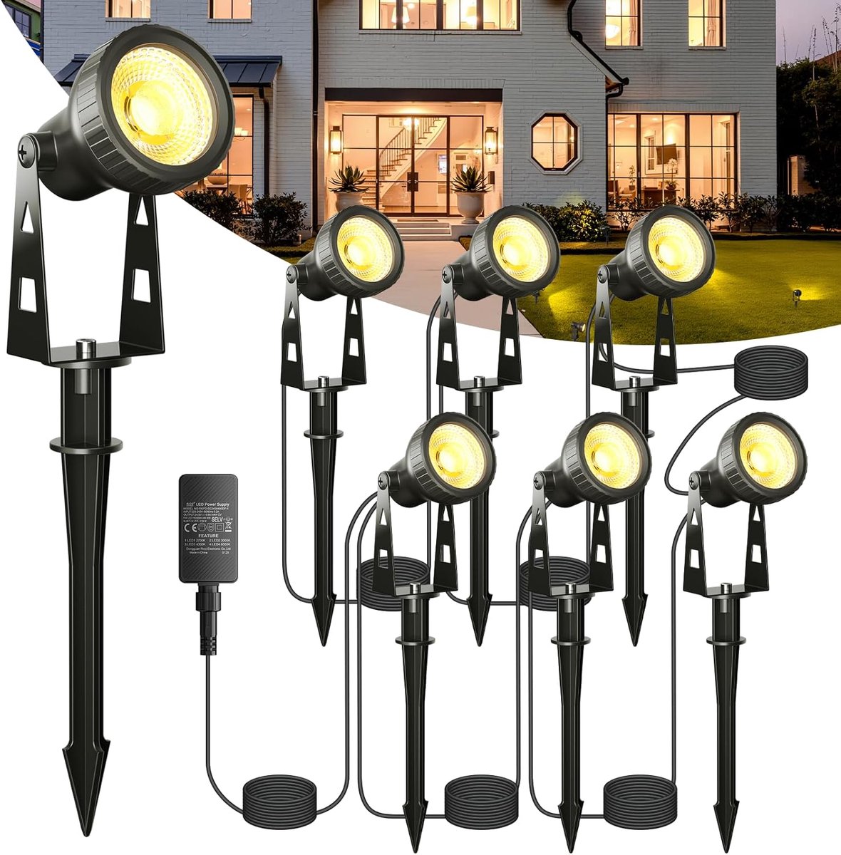 SnelShoppen - 6-in-1 LED Tuinspotlights Set, 20 m Padverlichting, Laag Voltage 36 V, Waterdichte IP68 Buitenverlichting, Warm Wit 3100 K voor Tuin, Op