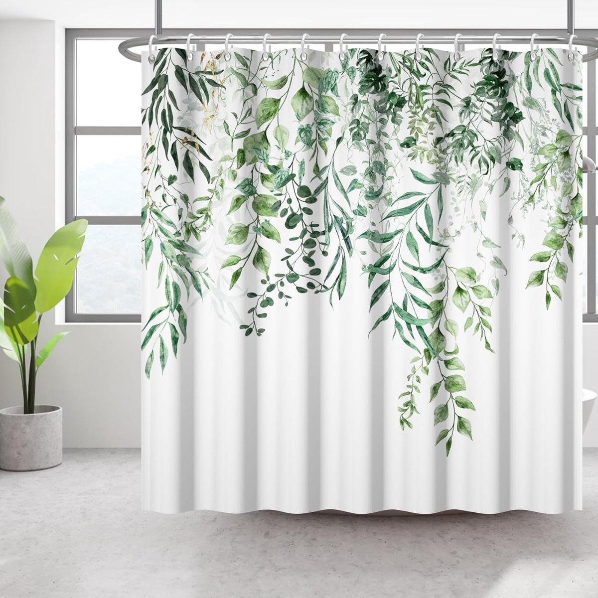 SnelShoppen - Waterdichte Douchegordijn met Plant Flowers Design 183x183cm - Groene Bladeren - Sneldrogend en Wasbaar Polyester - Inclusief 12 Haakjes