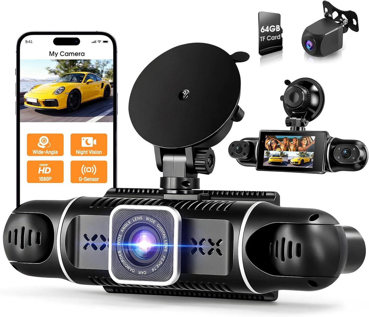 SnelShoppen - Draadloze Dashcam 2K + 1080p Panorama-opname met 360° Parkeerbewaking, Nachtzicht, Wifi 5GHz, 64GB Kaart - Ultragroothoeklens voor Volle