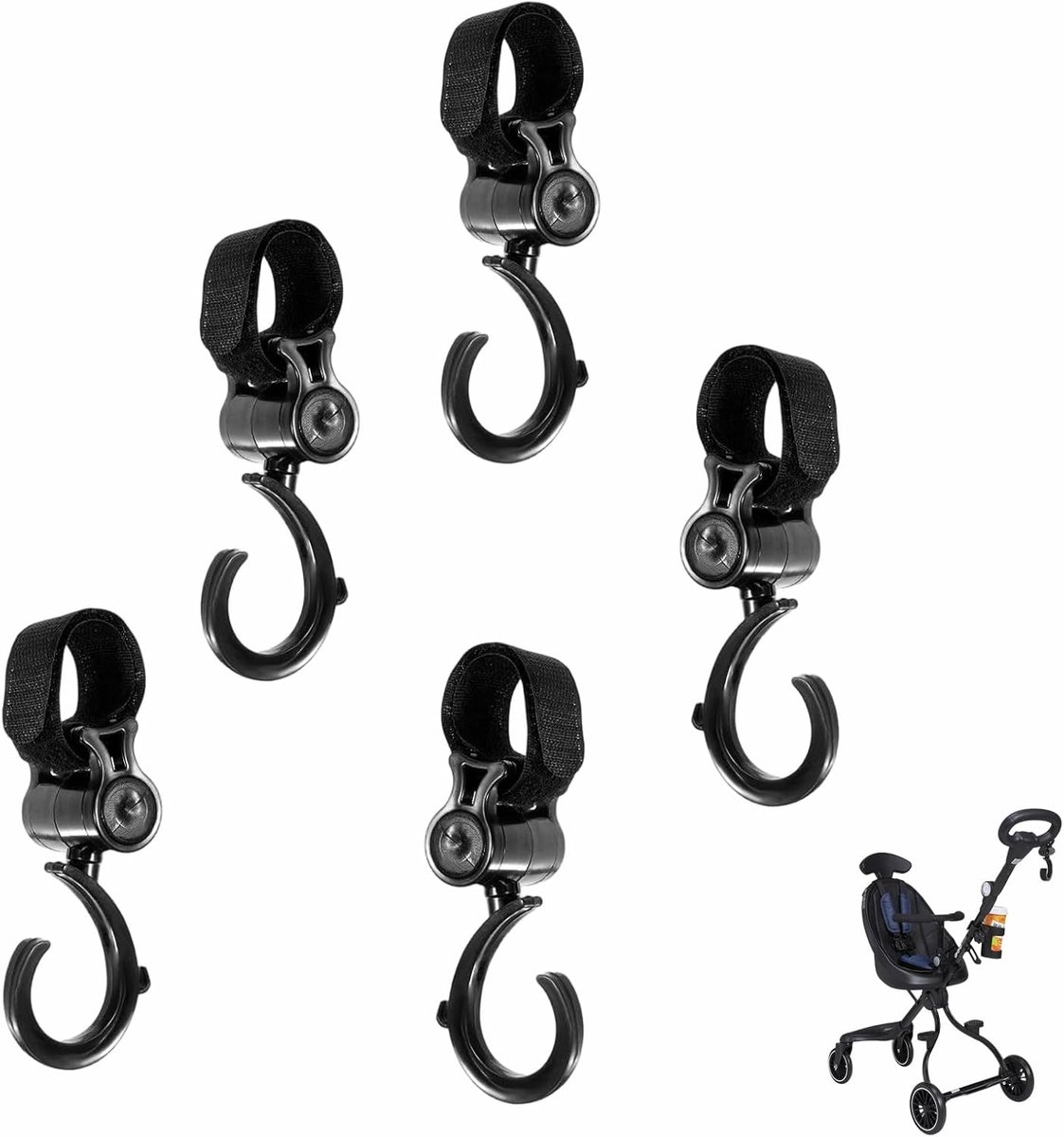 SnelShoppen - 5 Pcs Pram Hooks, 360 Graden Draaibaar, Universele Kinderwagen Haakjes, Multifunctionele Accessoires voor Luiertas, Winkeltas, Shoppen