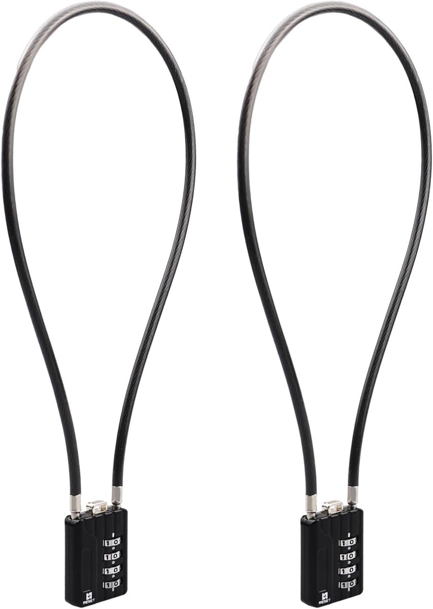 SnelShoppen - 2-Pack RESET 4-Cijfer Combinatieslot met 50cm Stalen Kabel - Ideaal voor Kluisjes, Bagage, Koffers, Gereedschapskisten, Helmen - Zwart,