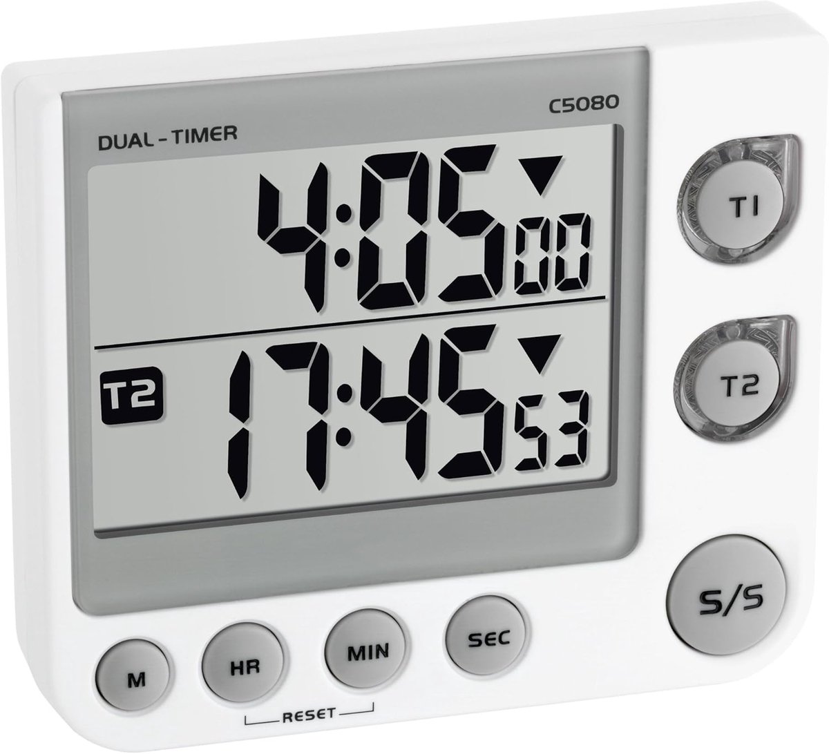 SnelShoppen - Elektronische Dual Timer en Stopwatch met Geheugenfunctie, 3 Geluidsniveaus, Magnetisch en Hangend, Wit, Compact Ontwerp voor Keuken, Ko