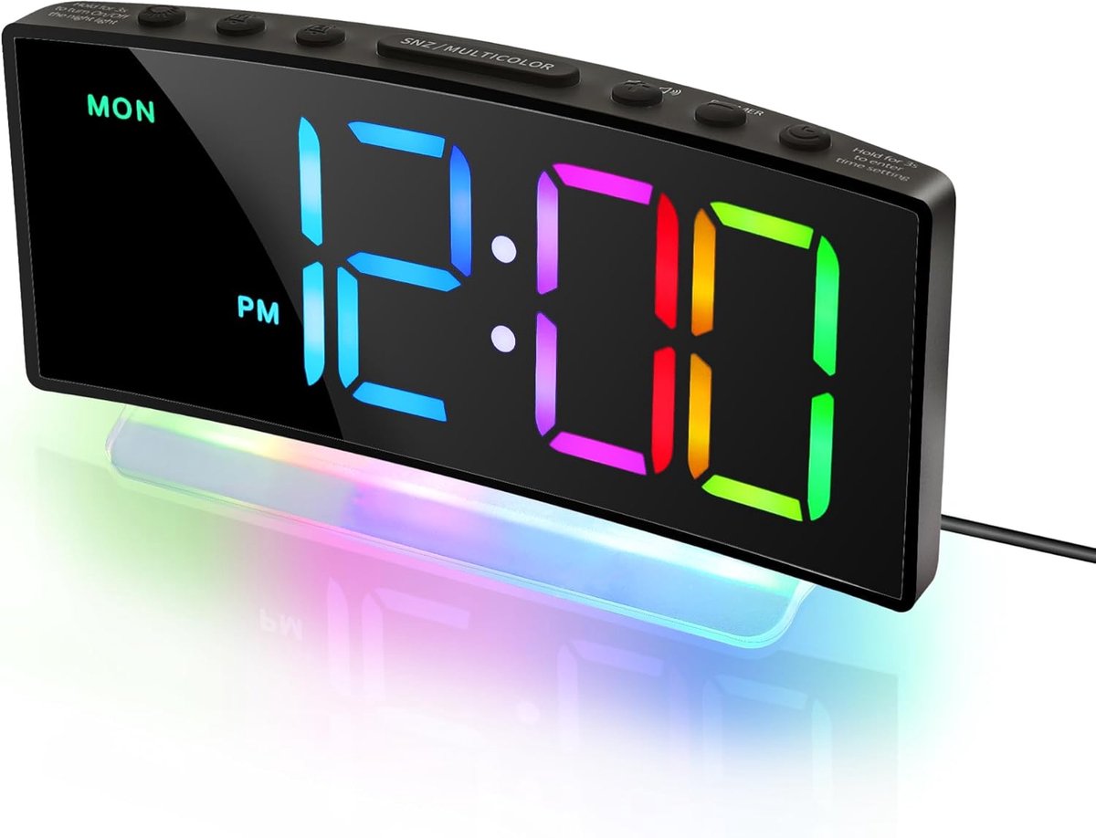 SnelShoppen - Digitale Wekker met Curved Design, 7 RGB Nachtlampjes, 8 Kleuren LED, Snooze Functie, Verstelbare Helderheid, Zwart voor Kinderen en Sla
