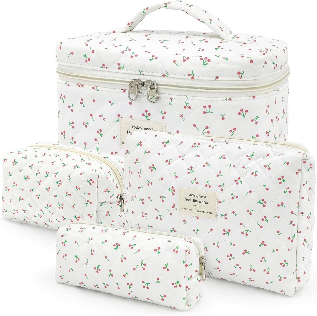 SnelShoppen - Set van 4 Makeup Tassen voor Vrouwen - Toilettas, Makeup Tas voor Meisjes, Draagbare Reis Tas, Kersen Print, Ideaal voor Dagelijks Gebru