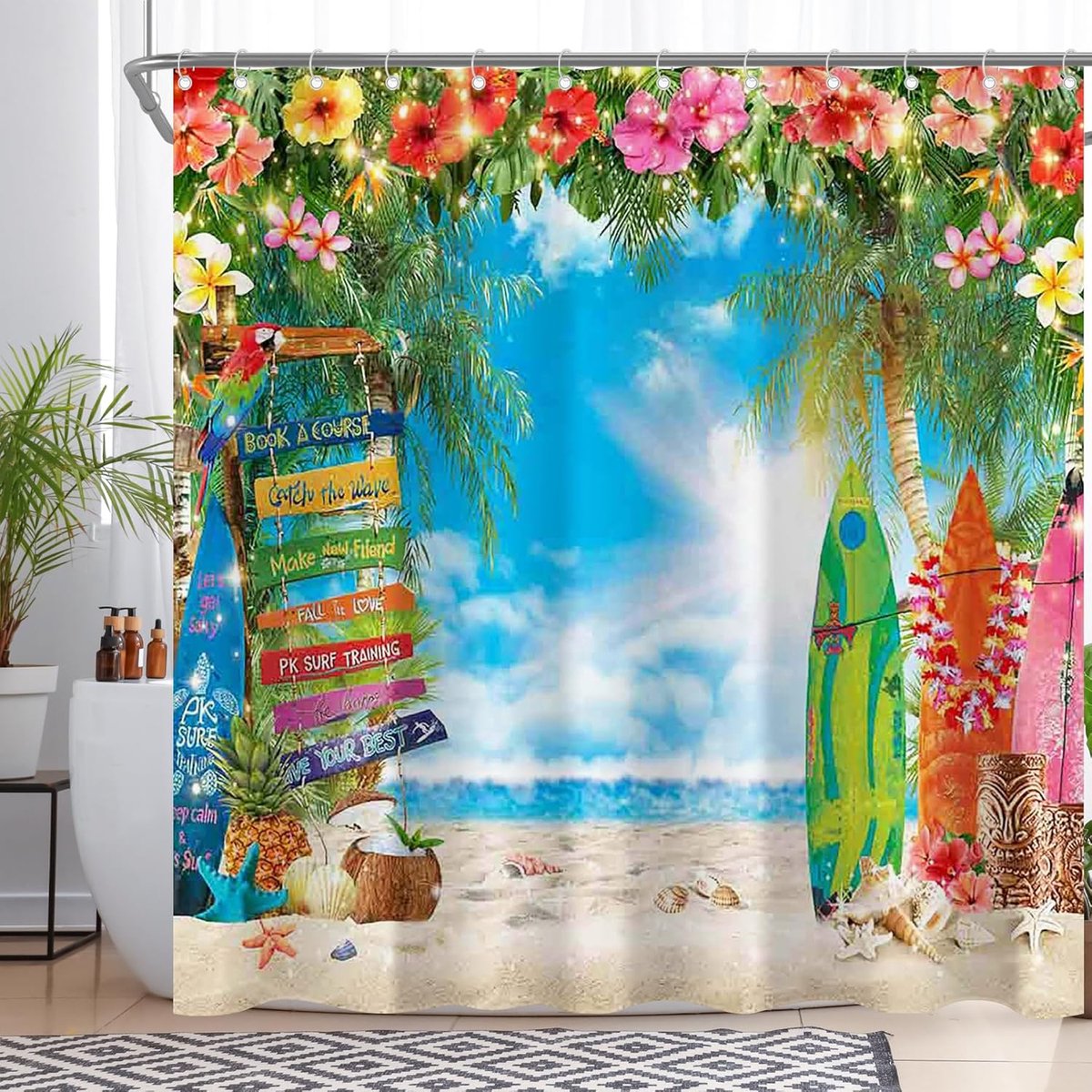 SnelShoppen - Tropical Douchescherm Hawaii 72x72 Inch - Waterdichte Polyester Douchegordijn met Palmbomen en Surfplank - Inclusief 12 Haakjes voor Bad