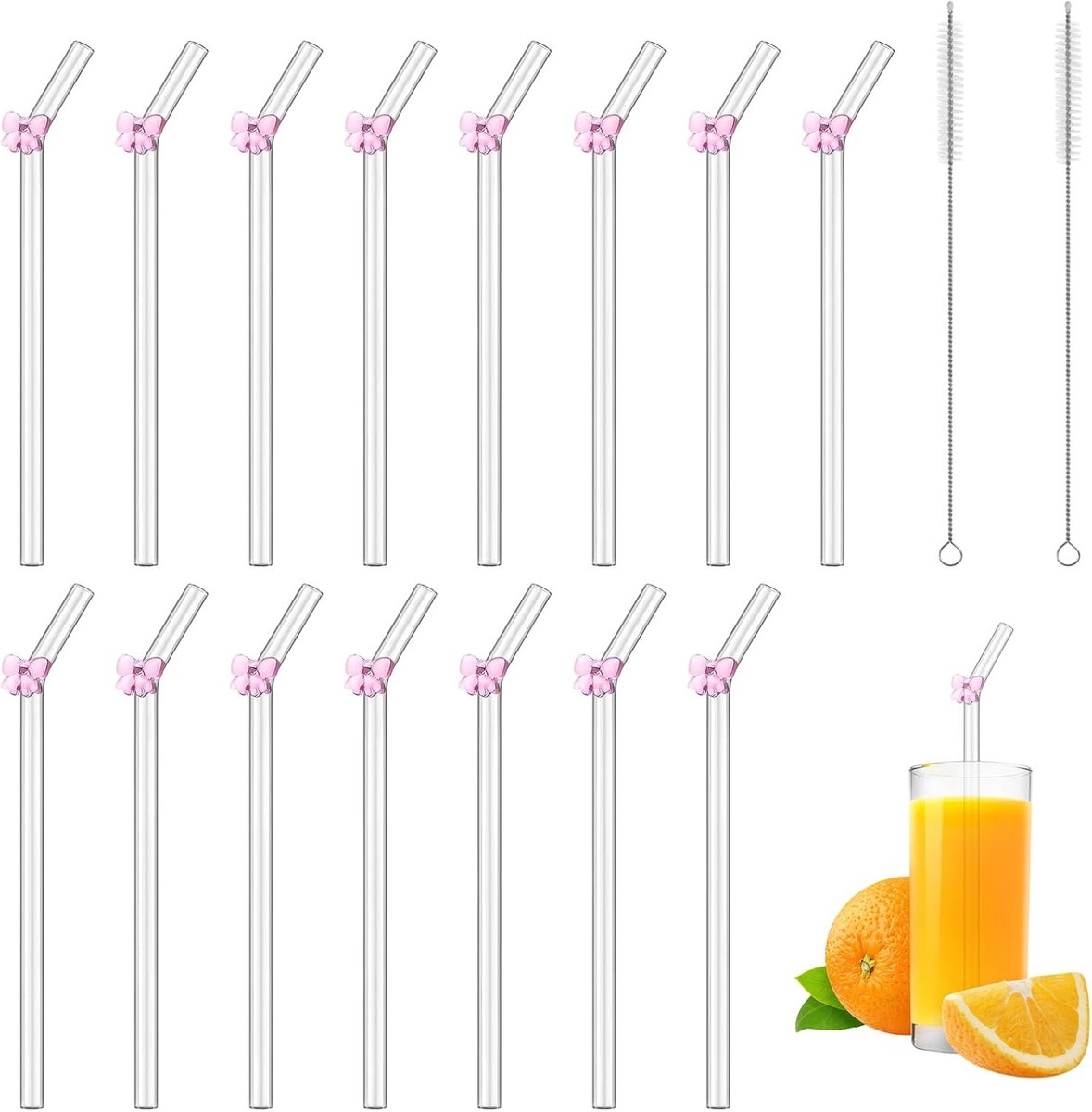 SnelShoppen - 15 Stuks Glazen Rietjes met Bocht, Herbruikbaar voor Dranken, Inclusief 2 Reinigingsborstels, Ideaal voor Sap, Bubble Tea, Slush, Cockta