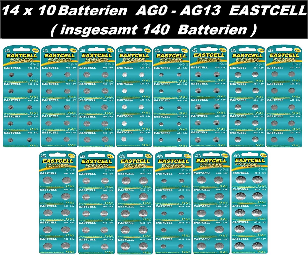 SnelShoppen - Button Cell Batterijen Assortiment 140 Stuks - AG0 tot AG13 - LR521 tot LR44 - 1.5V Alkaline Knopcellen voor Horloges, Speelgoed en Elek
