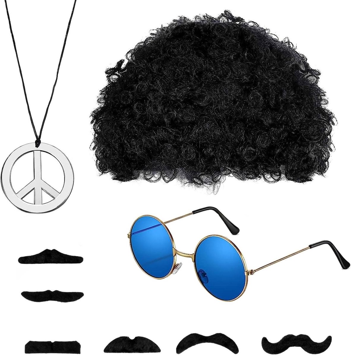 Hippie Kostuum Set voor Mannen en Vrouwen met Afro Perk, Zonnebril en Vredessymbool voor 60s en 70s Thema Feest en Carnaval