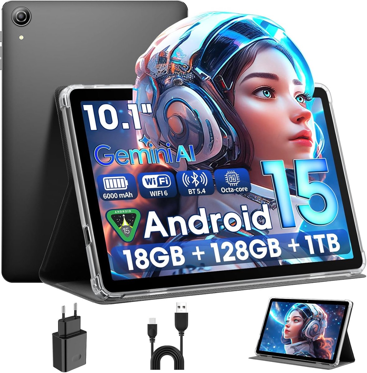 SnelShoppen - 10 Inch Android 15 Tablet met 18GB RAM, 128GB ROM, 1TB Uitbreidbaar, Octa-Core, Dual Camera, 6000mAh, 2.4G+5G WiFi, GPS, Widevine L1, Vo