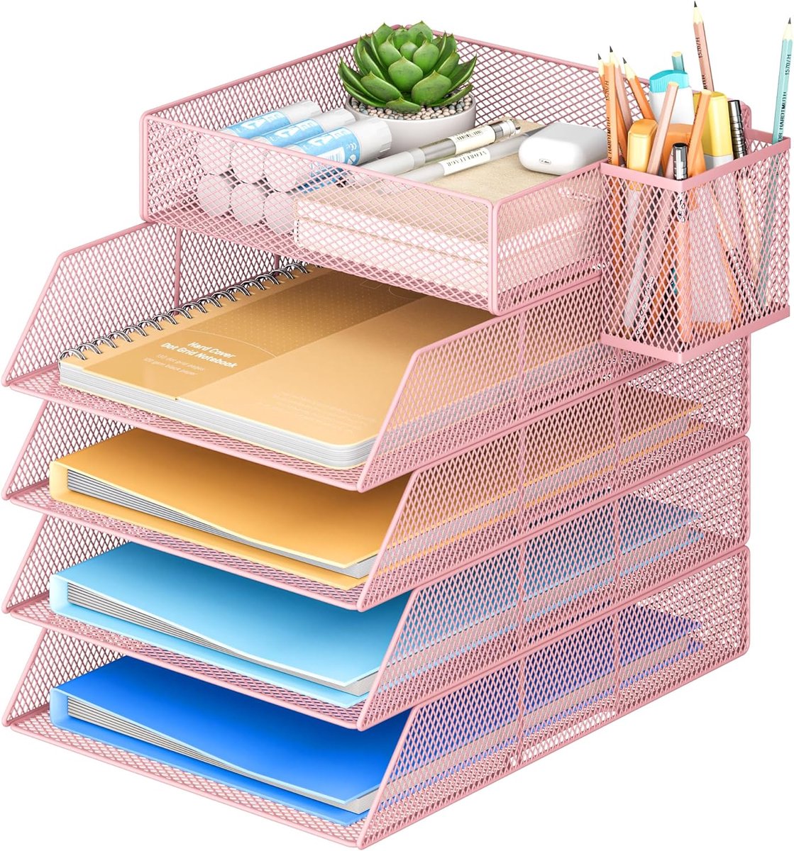 SnelShoppen - Stapelbare Brievenbak met 4 Niveaus en Pennenhouder - Bureau Papier Organizer - Roze Kantooraccessoires voor Een Opgeruimd Bureau
