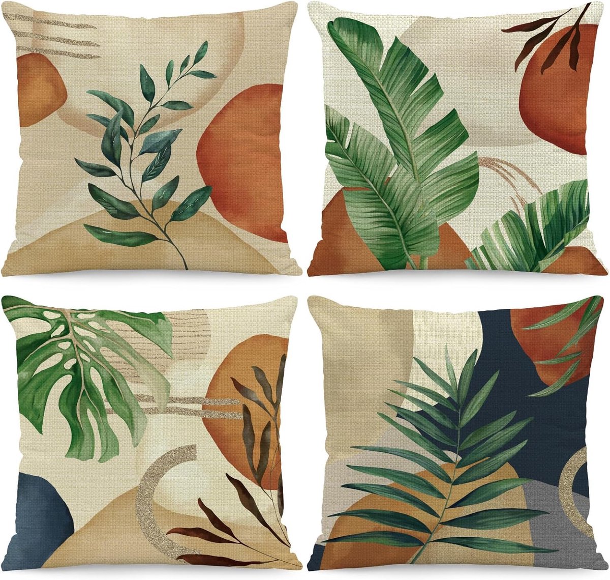 SnelShoppen - Kussensloop 45x45 cm - 4 Stuks Groene Bladeren Boho Decoratief - Vierkant Linnen Kussenhoezen voor Bank Woonkamer Slaapkamer