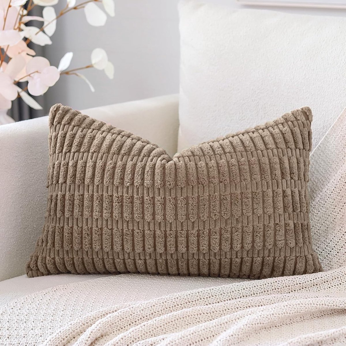 SnelShoppen - Boho Striped Corduroy Kussenhoes 30x50 cm, Super Zacht, Decoratief voor Bank, Slaapkamer, Auto, Bruin, Set van 1