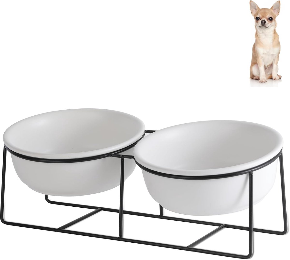 SnelShoppen - Cat Feeder Verhoogde Voederbak met Stand, Dubbele Keramische Voer- en Drinkbak voor Kleine Honden en Katten, 2 Stuks, Stabiele IJzeren B