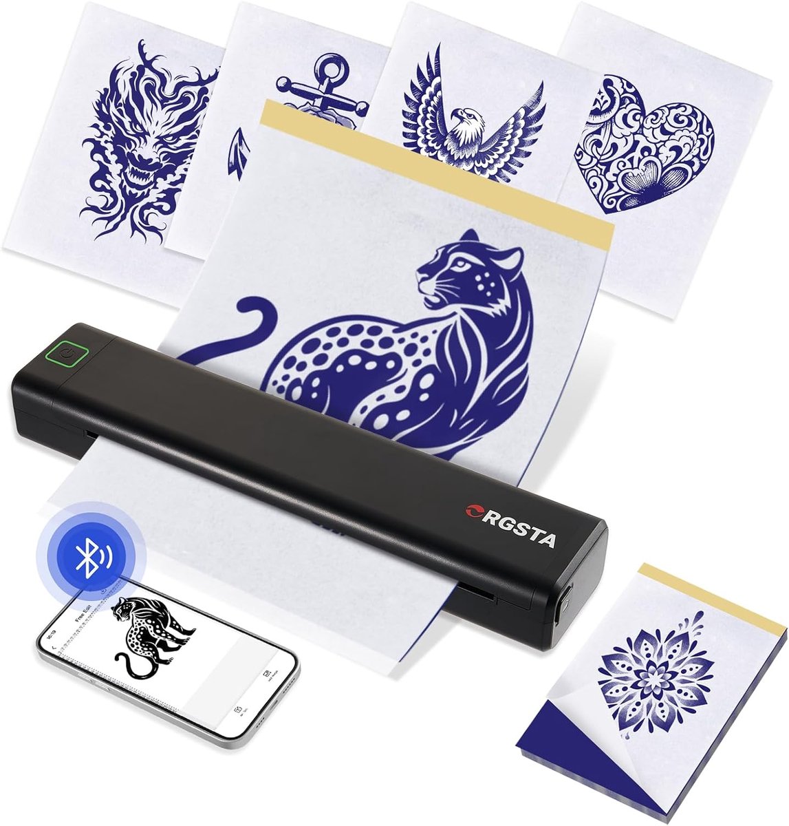 SnelShoppen - Draagbare Tattoo Stencil Printer S008, Wireless Tattoo Transfer Machine met 10 Stuk Transferpapier, Bluetooth Tattoo Printer voor Smartp