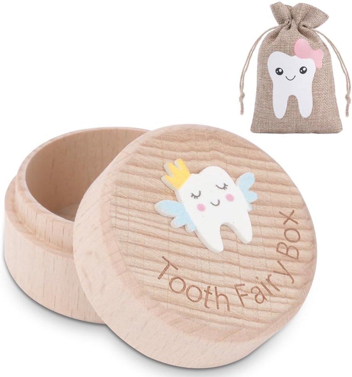 SnelShoppen - Houten Baby Tand Doos, 3D Gegraveerde Tand Fee Doos, Schattige Opslagdoos voor Uitgevallen Tanden, Perfect Cadeau voor Nieuwe Ouders