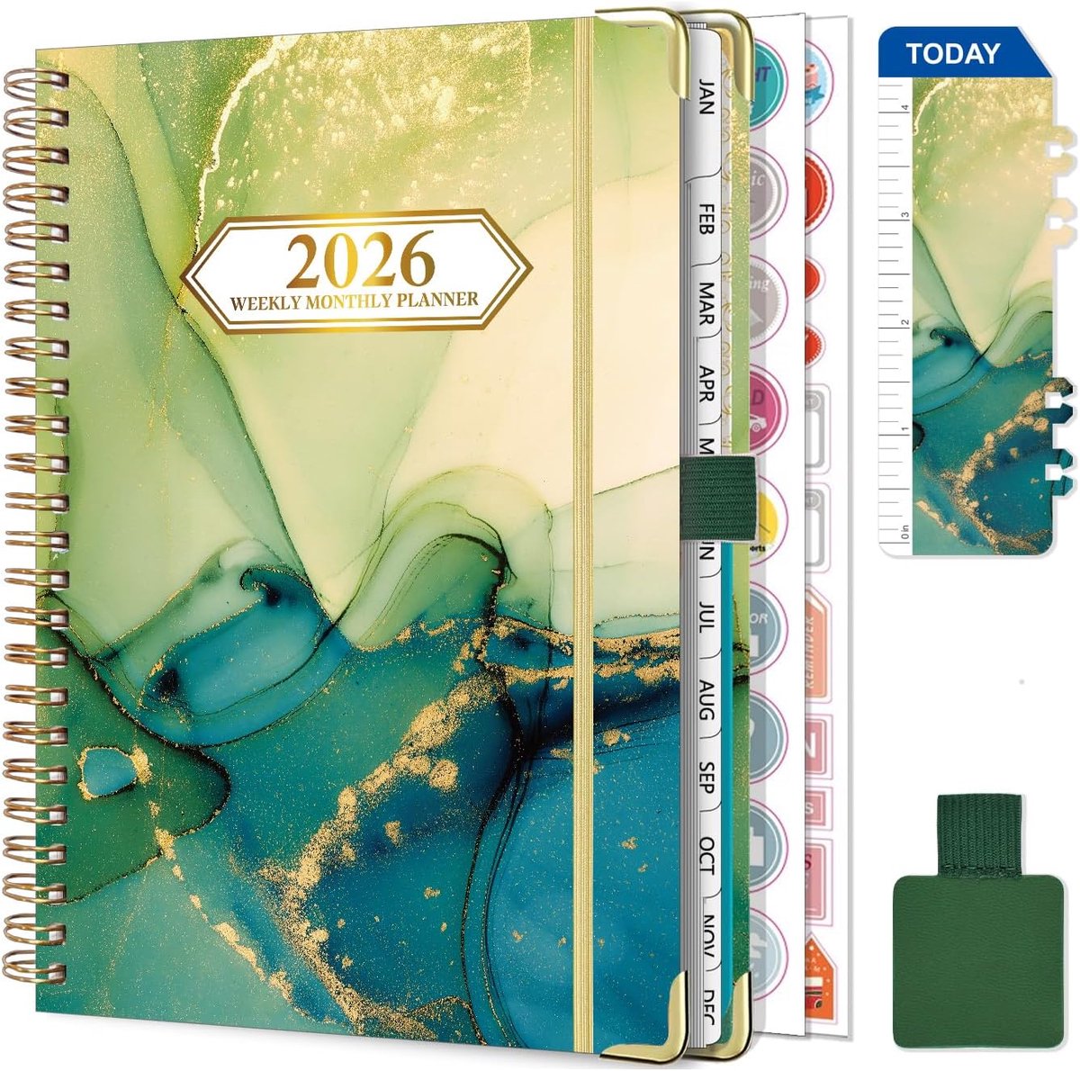 SnelShoppen - NEYSA 2026 Weekplanner A5 Dagboek met Penlus, Ruler Bookmark en Stickers - Groene Academische Agenda Januari tot December 2026