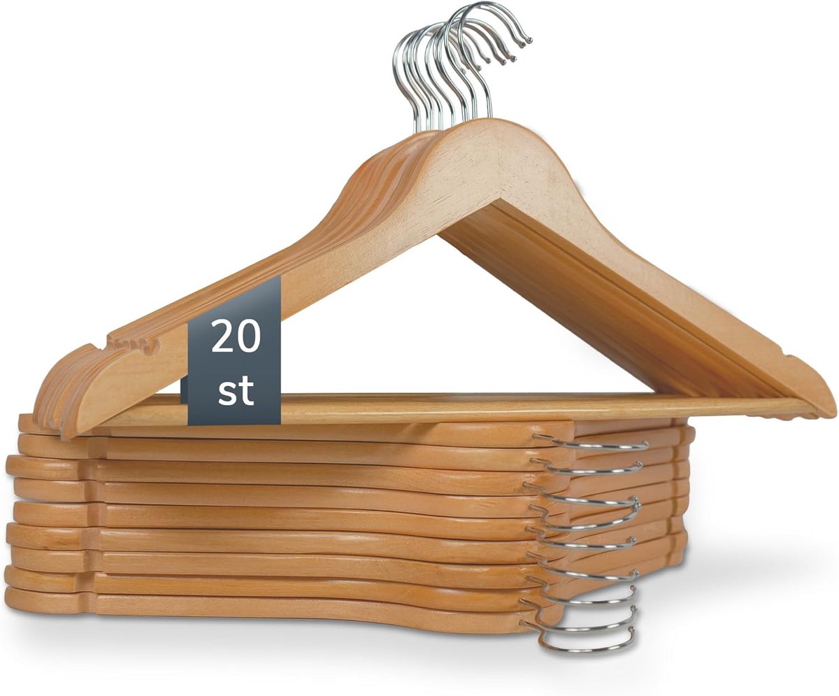 SnelShoppen - Houten Kleerhangers Set van 20, Ruimtebesparende Hangers met Antislip Middenbalk en 360° Draaibare Haak, Ideaal voor Jurken, Shirts, en