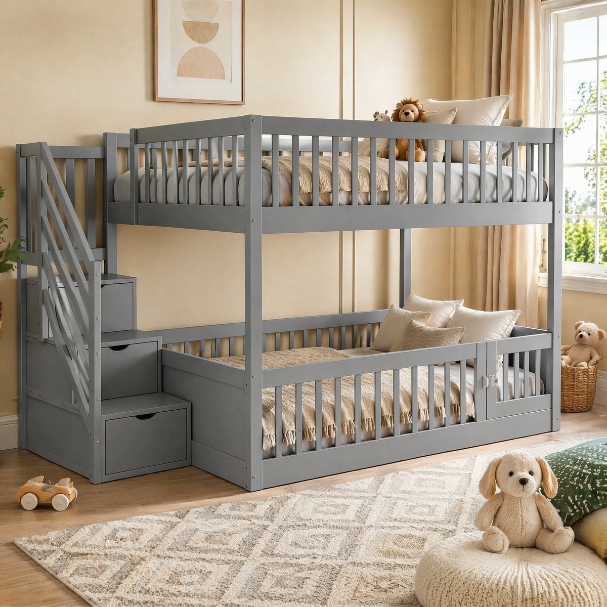 Stapelbed 140x200 cm - Kinderbed Met Opbergtreden en Uitvalbeveiliging - Zonder Matras - Met Speeldeur en Opbergruimte - Hout - Grijs