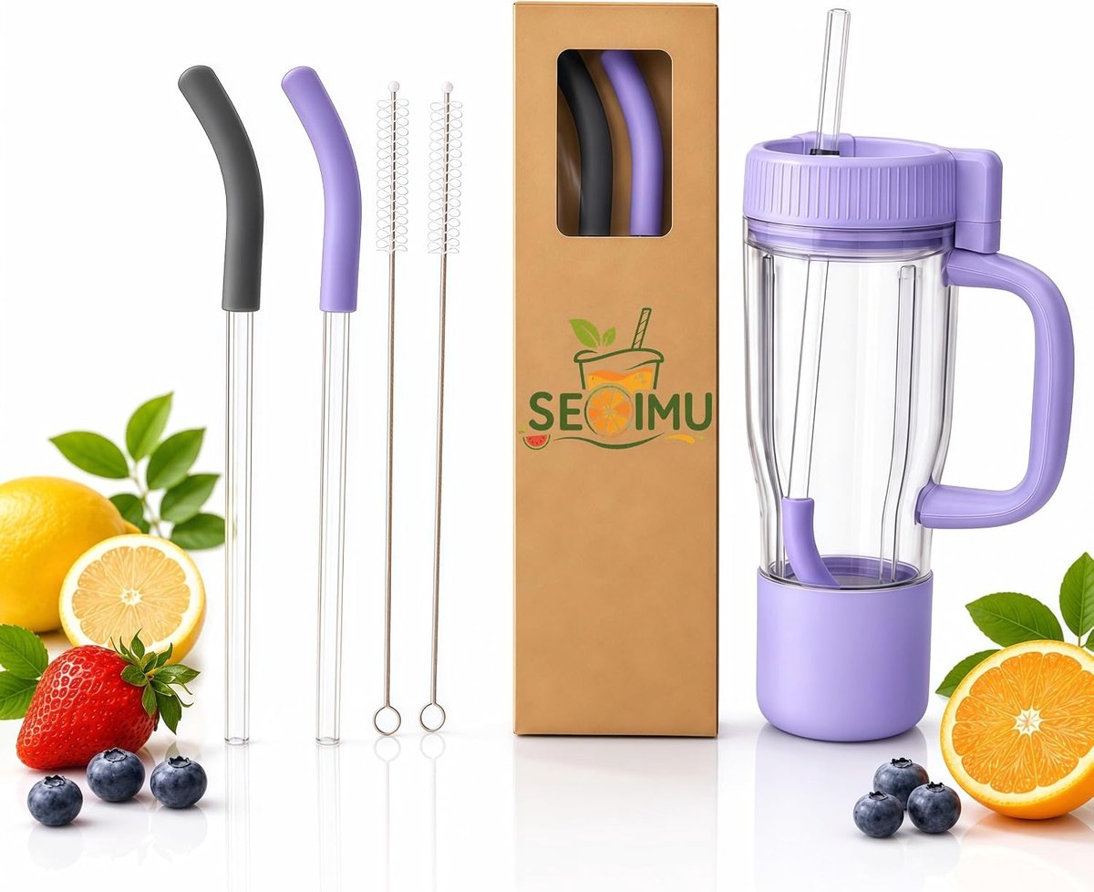SnelShoppen - Vervangende Rietjes voor Blender Tumbler - 2 Pack Herbruikbare Glazen Rietjes met Siliconen Mouw en Reinigingsborstel - Perfect voor Smo