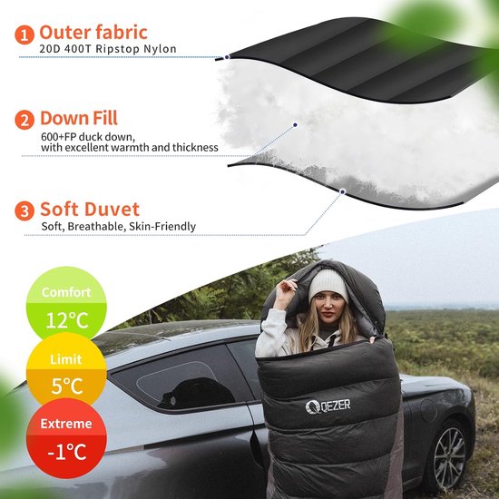 SnelShoppen - Ultra-light Down Sleeping Bag -3°C tot 8°C voor 3 Seizoenen Camping, Backpacking, Hiking - 600g Premium Eendendons, Compact en Lichtgewi — afbeelding 2