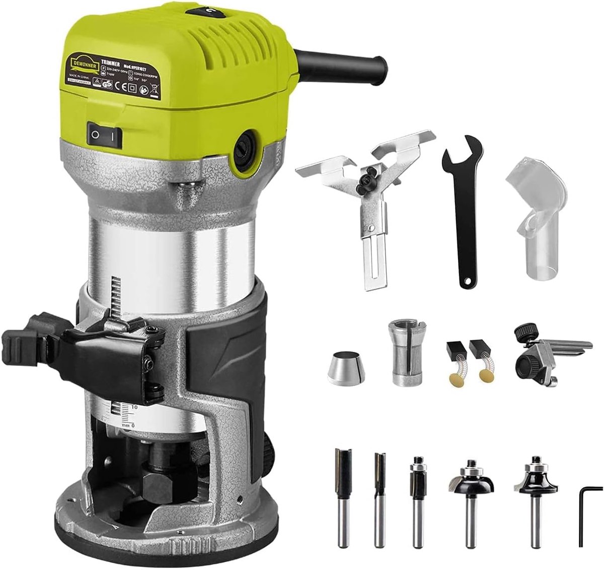 SnelShoppen - Elektrische Houtfrezer 710W met 6 Variabele Snelheden, 13000-33000rpm, 3 x 1/4 Inch Pliers, Professionele Laminator met Accessoires