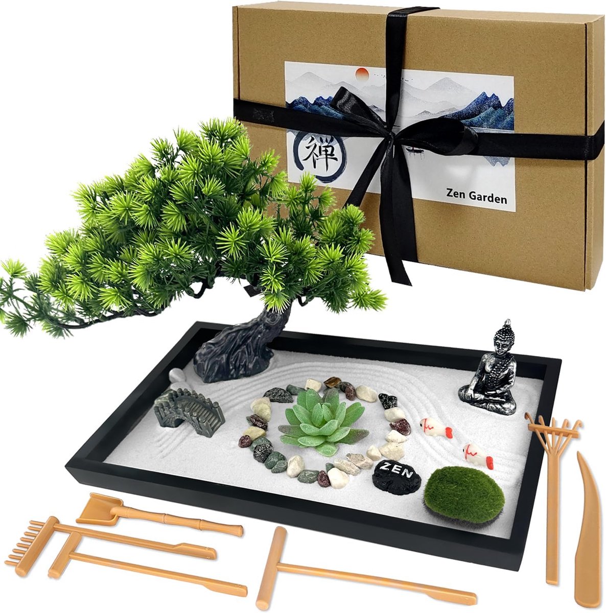 SnelShoppen - Japanese Zen Garden Kit 12x8in, Mini Rock Garden, Buddha Decoratie voor Thuis, Meditatie en Ontspanning, Compleet Set met Houten Tray, Z