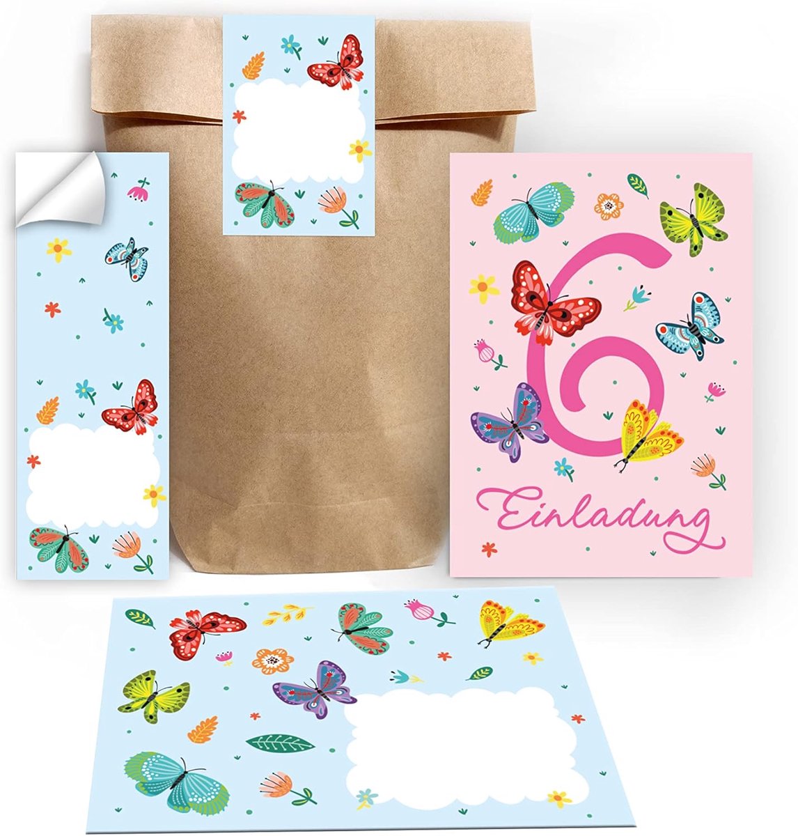 SnelShoppen - 12 Uitnodigingskaarten Kinderverjaardag Meisje Vlinders incl. 12 Enveloppen, 12 Cadeautassen, 12 Stickers - Perfect voor Feestjes, 10.5x